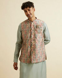 Manyavar Men Light Mid Green Harlequin Printed Jacket Set