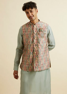Manyavar Men Light Mid Green Harlequin Printed Jacket Set