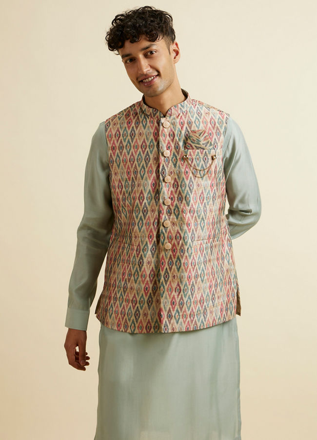 Manyavar Men Light Mid Green Harlequin Printed Jacket Set