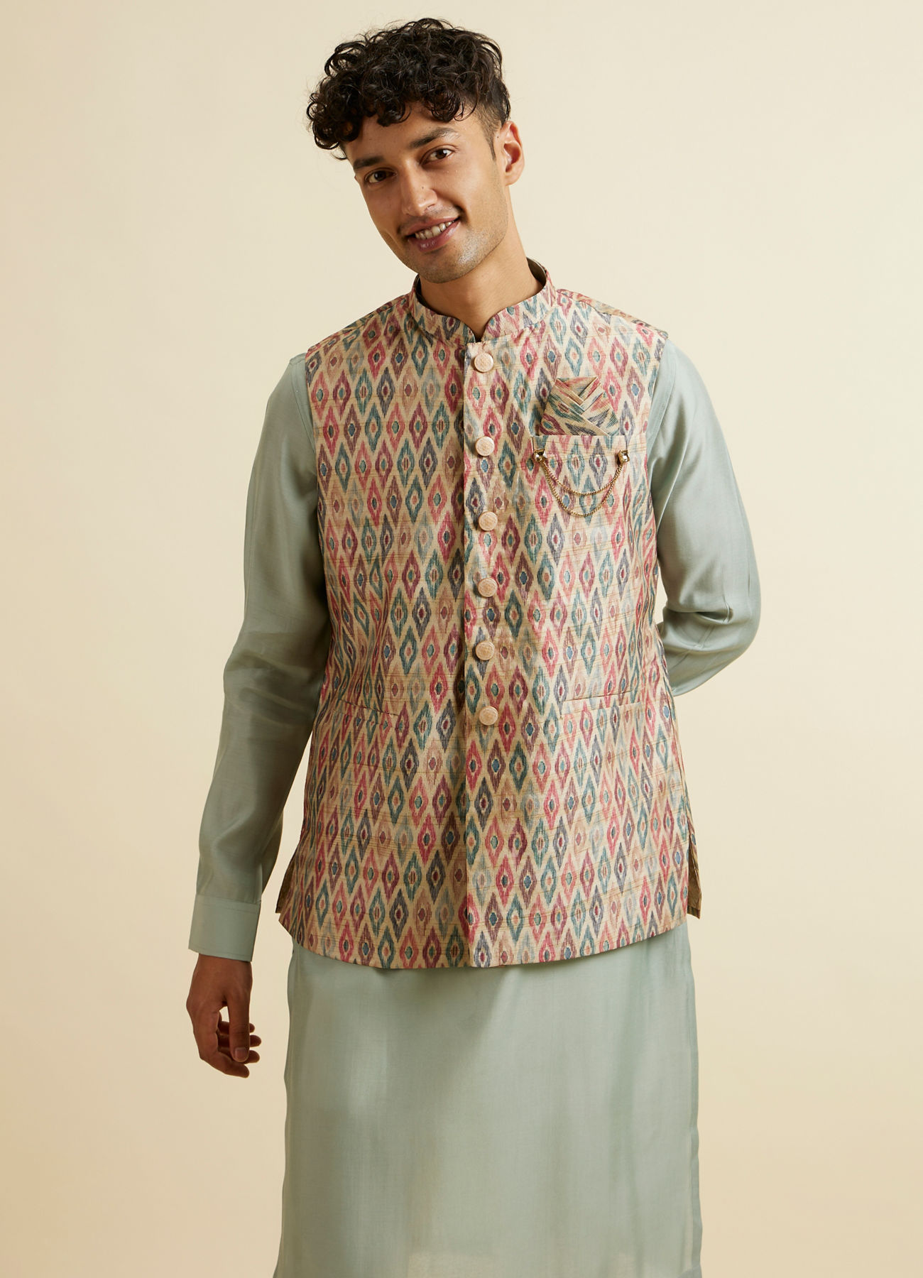 Manyavar Men Light Mid Green Harlequin Printed Jacket Set