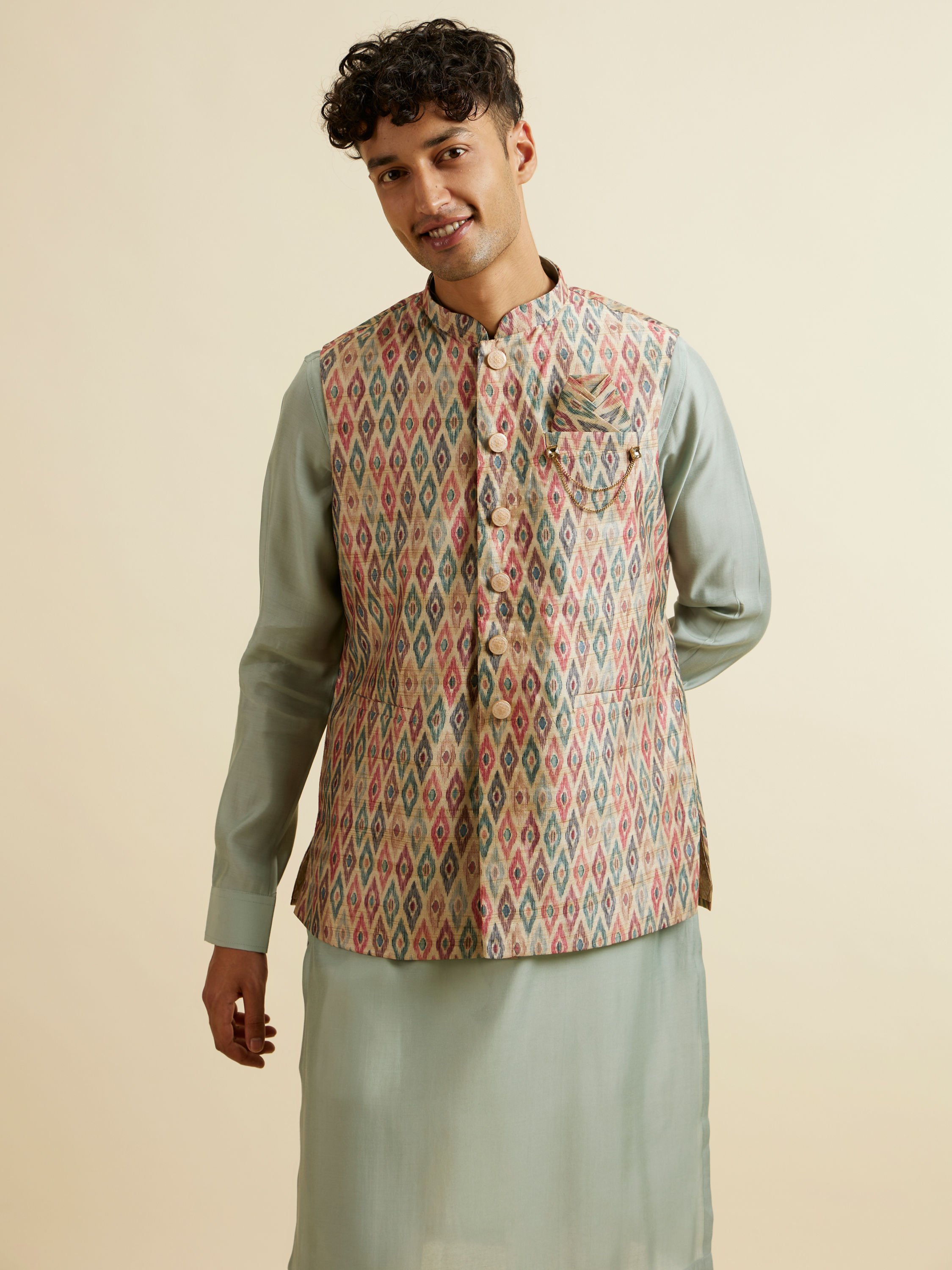 Manyavar Men Light Mid Green Harlequin Printed Jacket Set