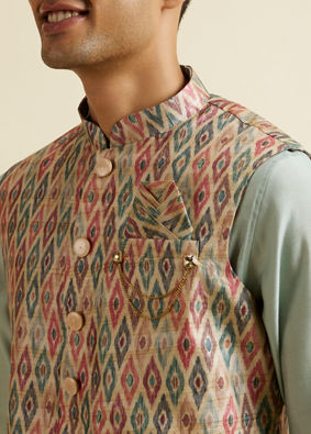 Manyavar Men Light Mid Green Harlequin Printed Jacket Set