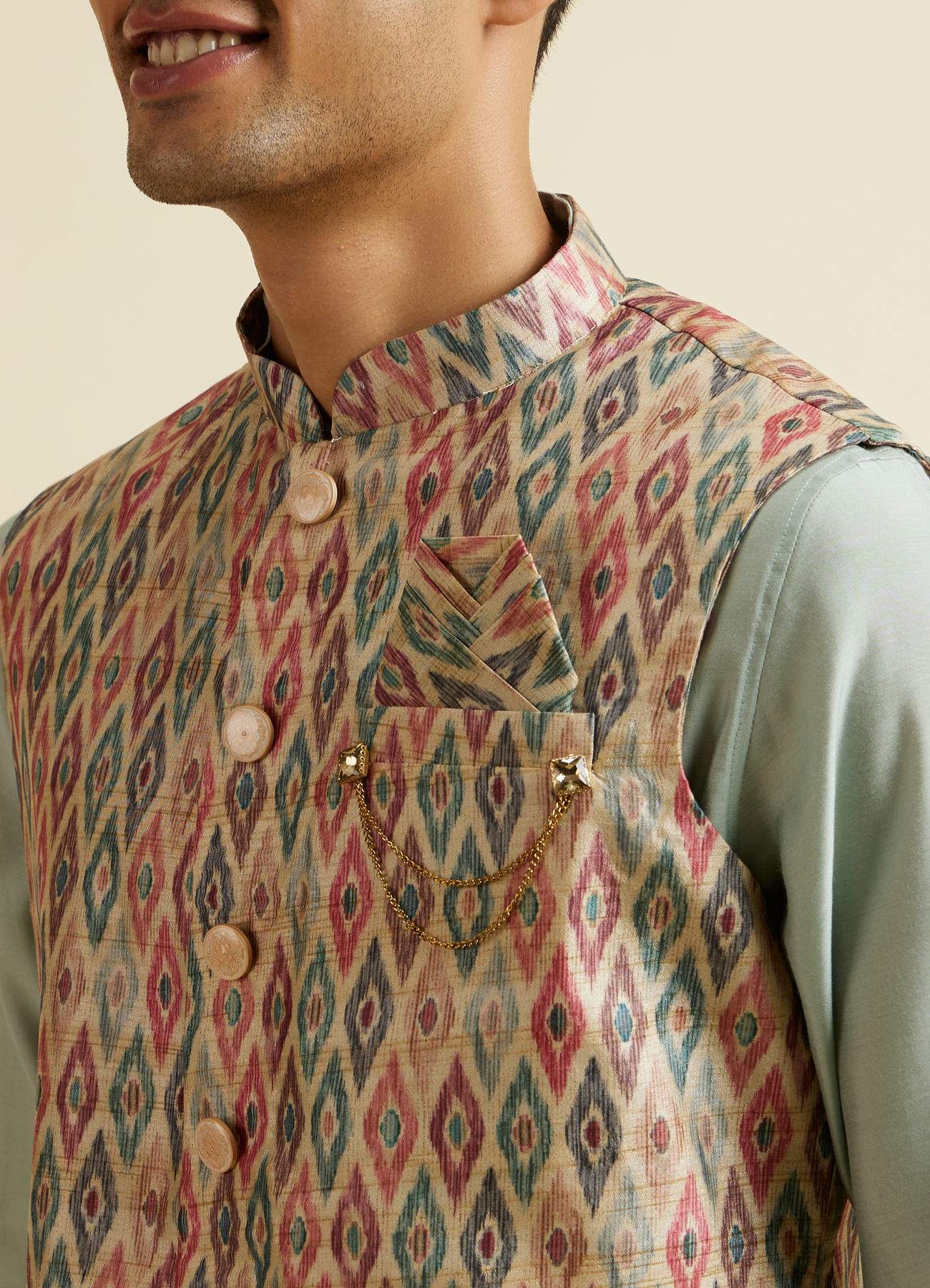 Manyavar Men Light Mid Green Harlequin Printed Jacket Set
