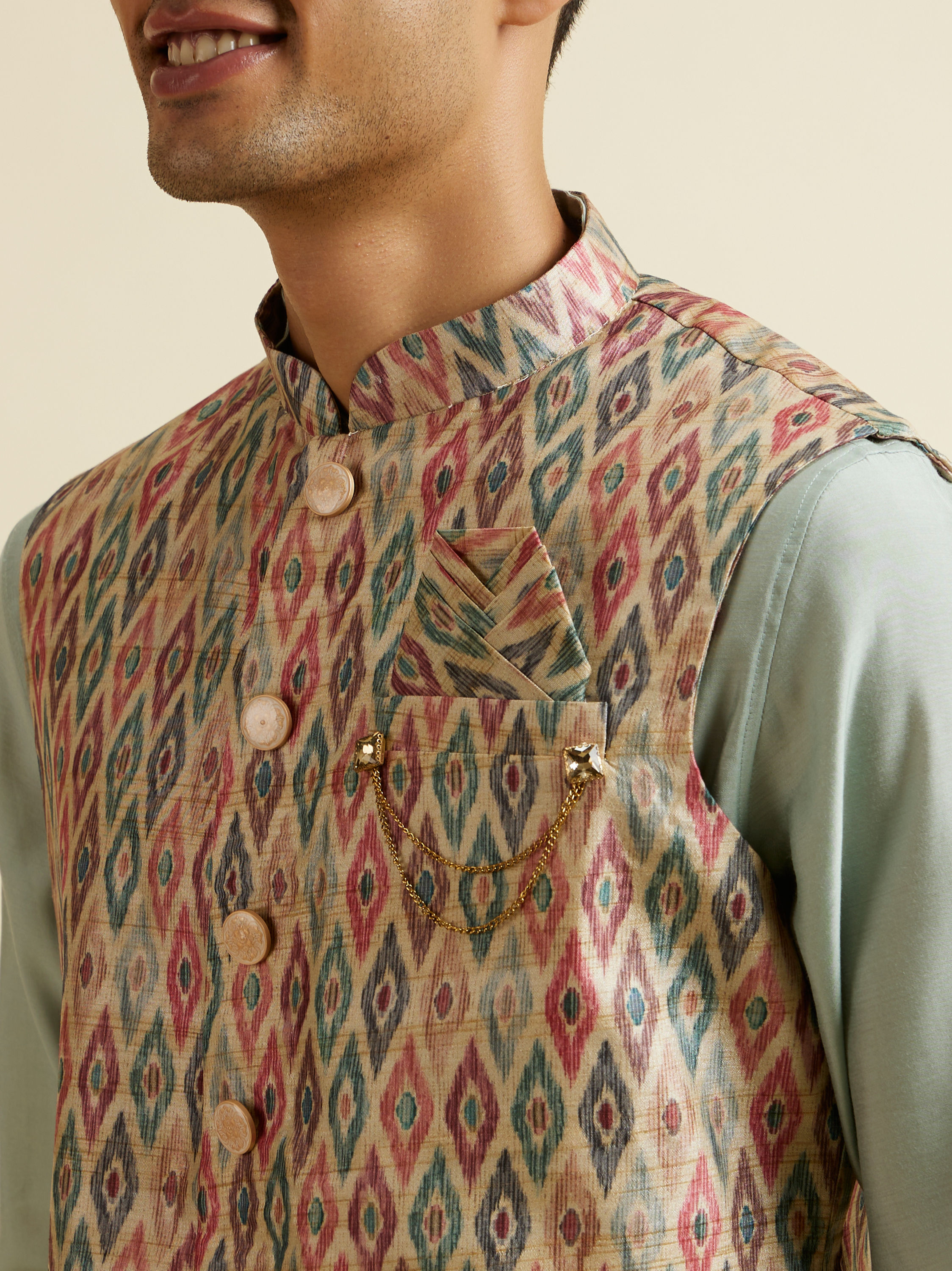 Manyavar Men Light Mid Green Harlequin Printed Jacket Set