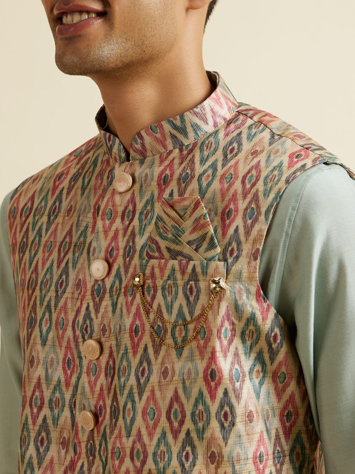 Manyavar Men Light Mid Green Harlequin Printed Jacket Set
