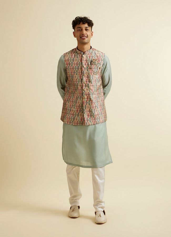 Manyavar Men Light Mid Green Harlequin Printed Jacket Set