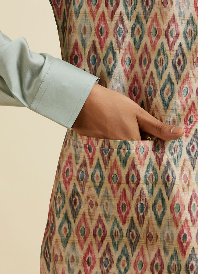 Manyavar Men Light Mid Green Harlequin Printed Jacket Set