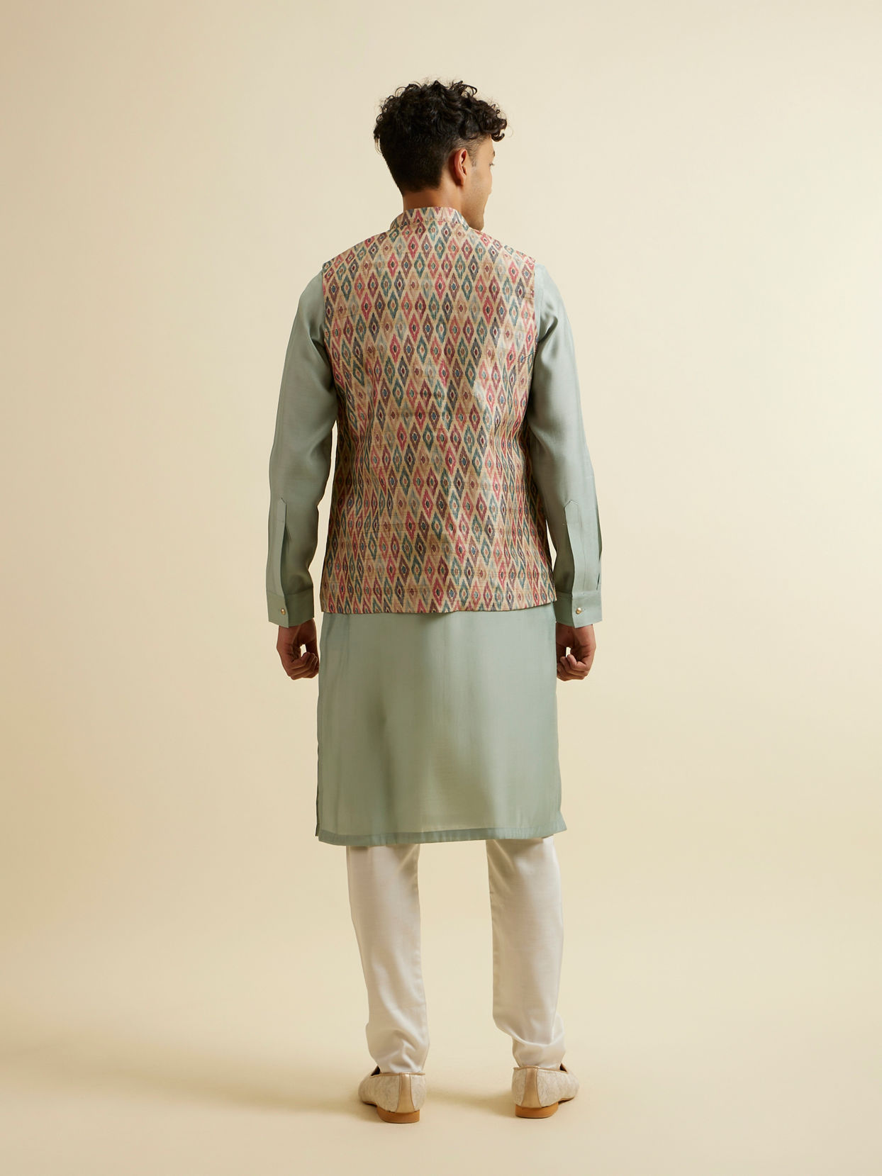 Manyavar Men Light Mid Green Harlequin Printed Jacket Set