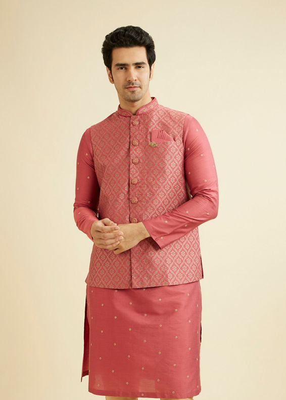 Manyavar Men Dusty Pink Floral Buta Patterned Jacket Set