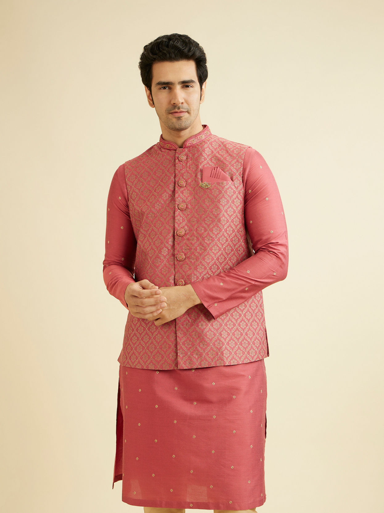Manyavar Men Dusty Pink Floral Buta Patterned Jacket Set