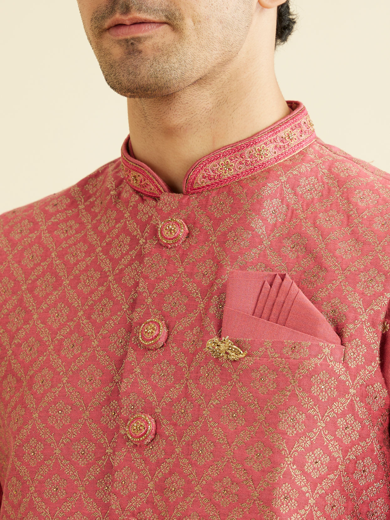 Manyavar Men Dusty Pink Floral Buta Patterned Jacket Set