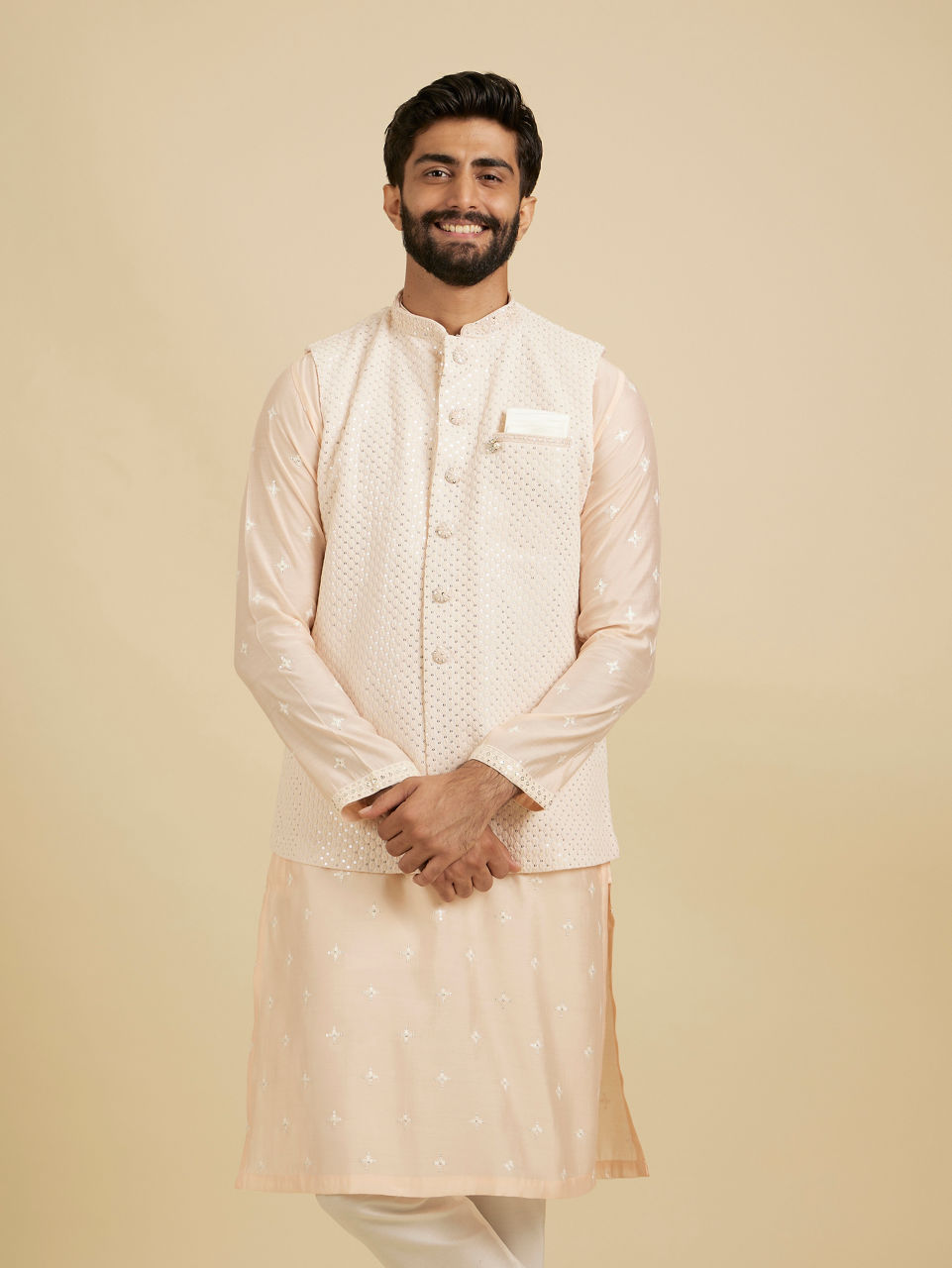 Manyavar Men Peach Georgette Kurta Jacket Set