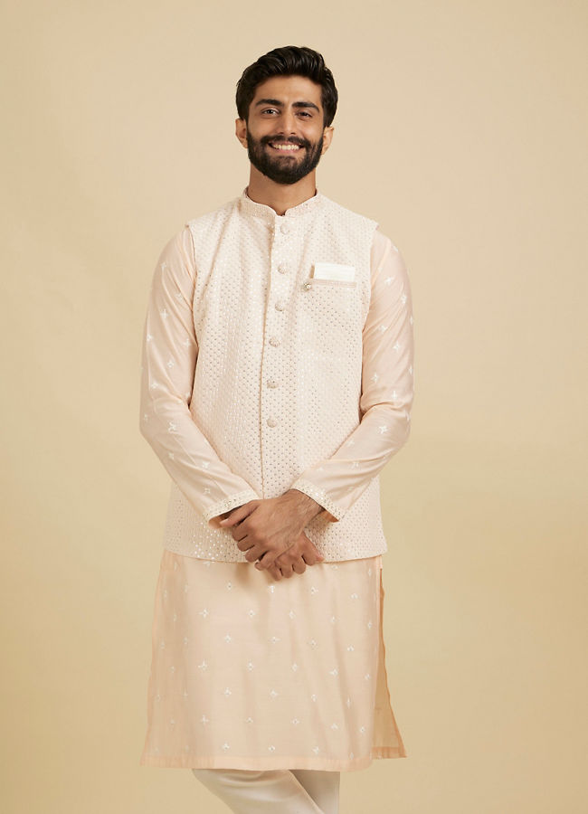 Manyavar Men Peach Georgette Kurta Jacket Set