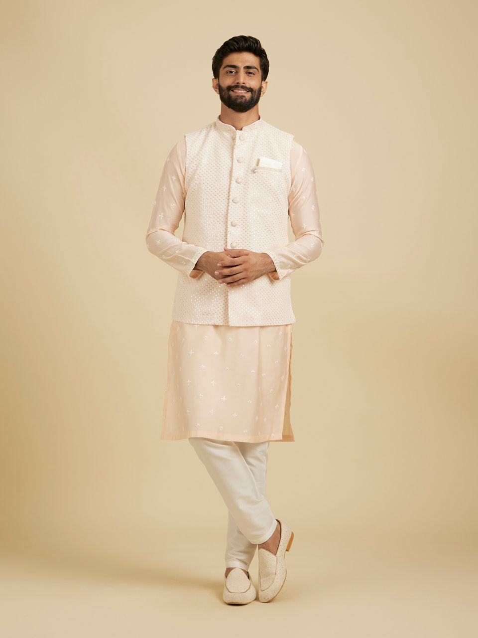 Manyavar Men Peach Georgette Kurta Jacket Set