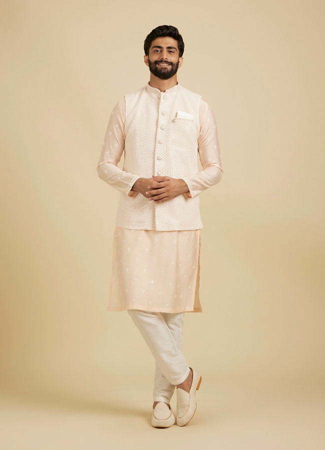Manyavar Men Peach Georgette Kurta Jacket Set