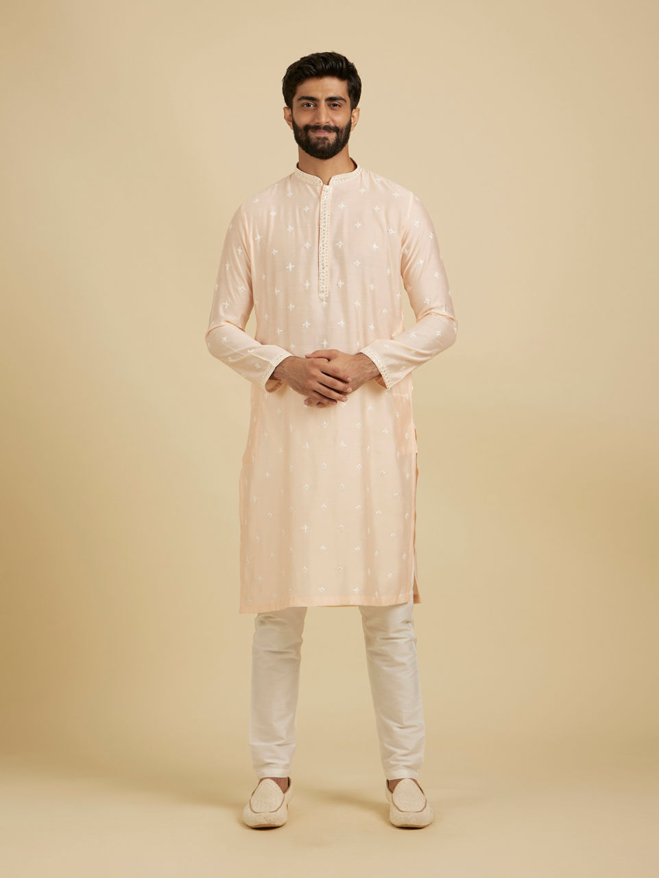 Manyavar Men Peach Georgette Kurta Jacket Set