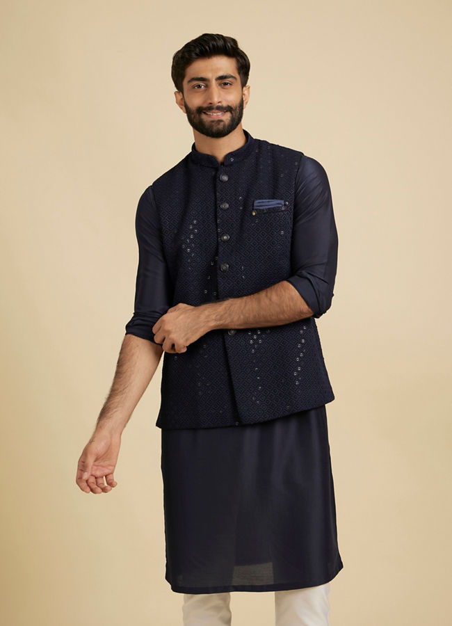 Manyavar Men Dark Blue Rapture Kurta Jacket Set image number 0