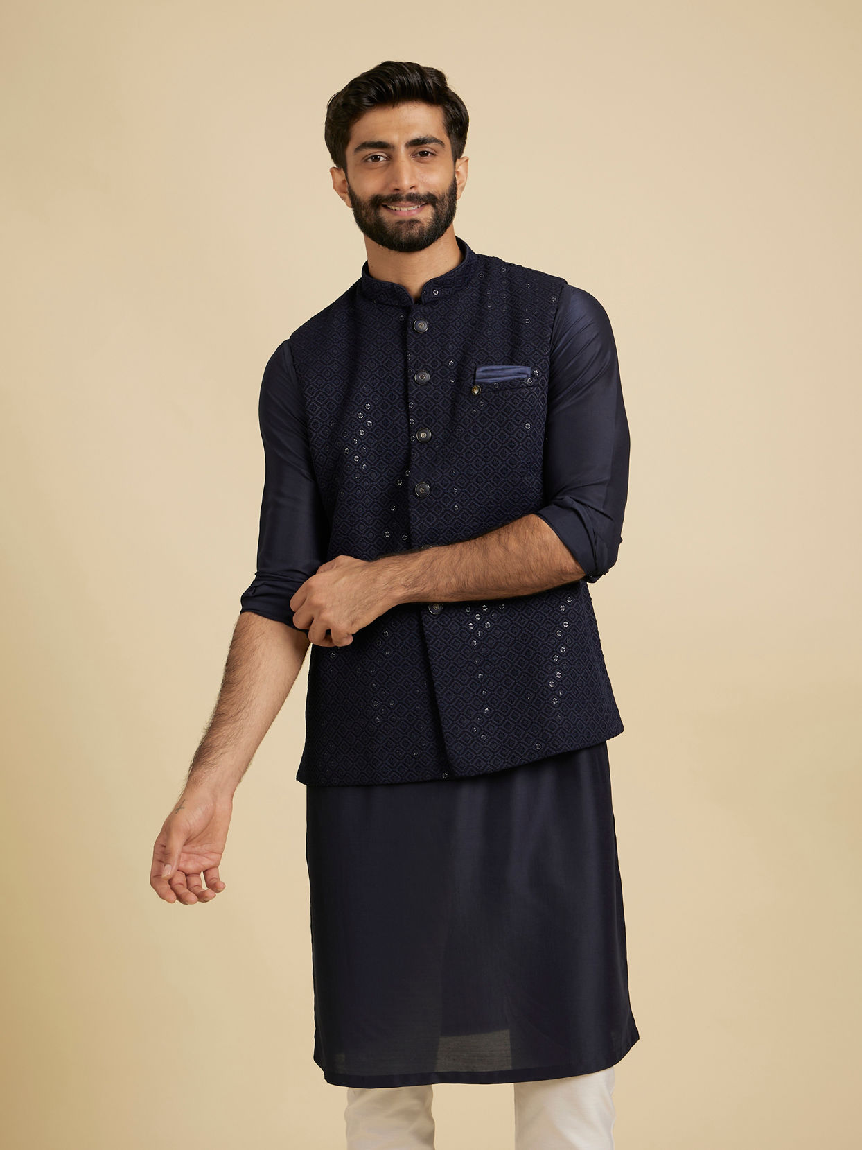 Manyavar Men Dark Blue Rapture Kurta Jacket Set image number 0