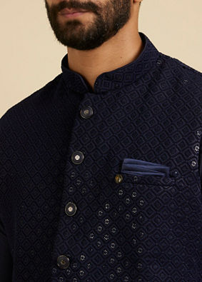 Manyavar Men Dark Blue Rapture Kurta Jacket Set