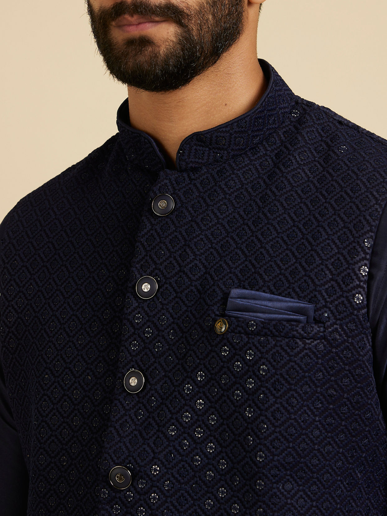 Manyavar Men Dark Blue Rapture Kurta Jacket Set