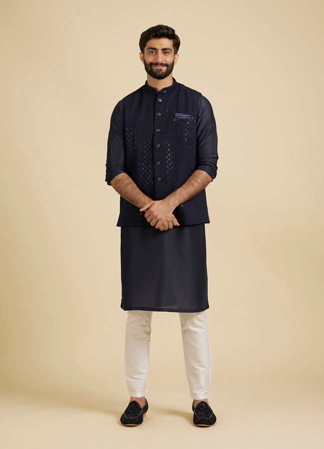 Manyavar Men Dark Blue Rapture Kurta Jacket Set image number 3