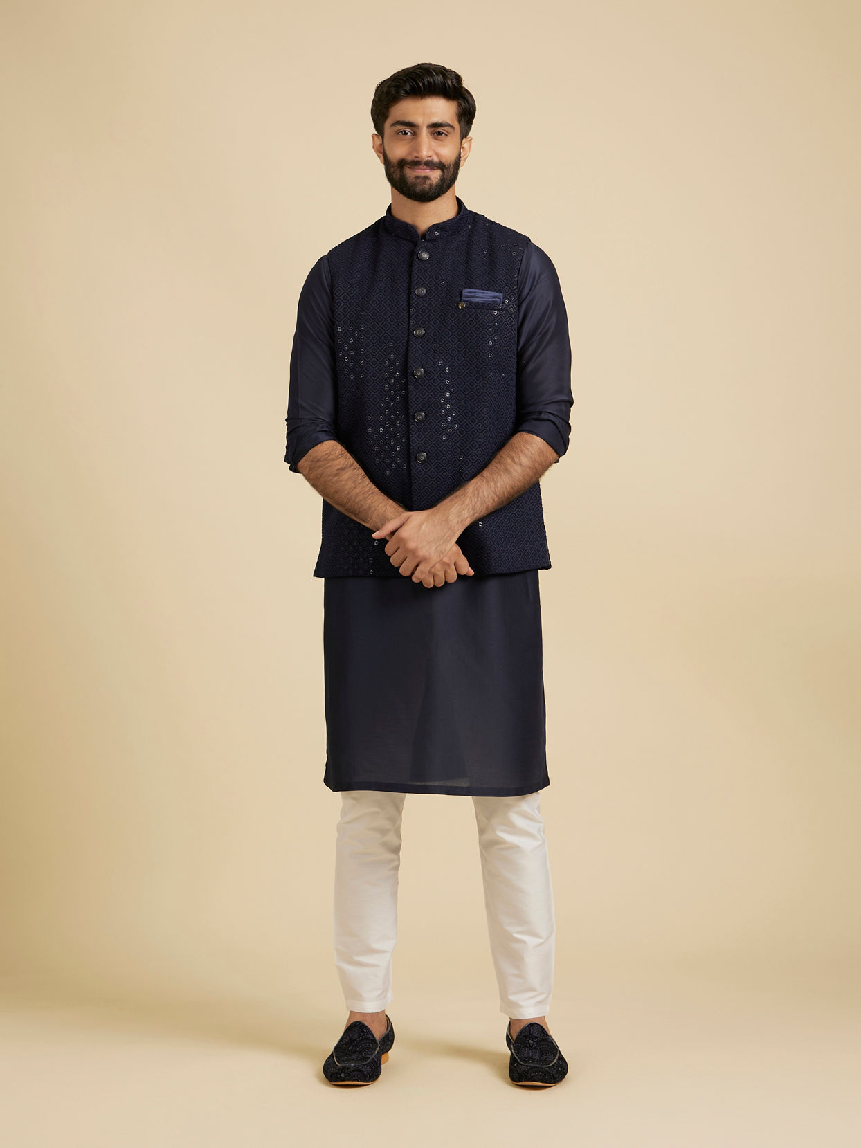 Manyavar Men Dark Blue Rapture Kurta Jacket Set image number 3