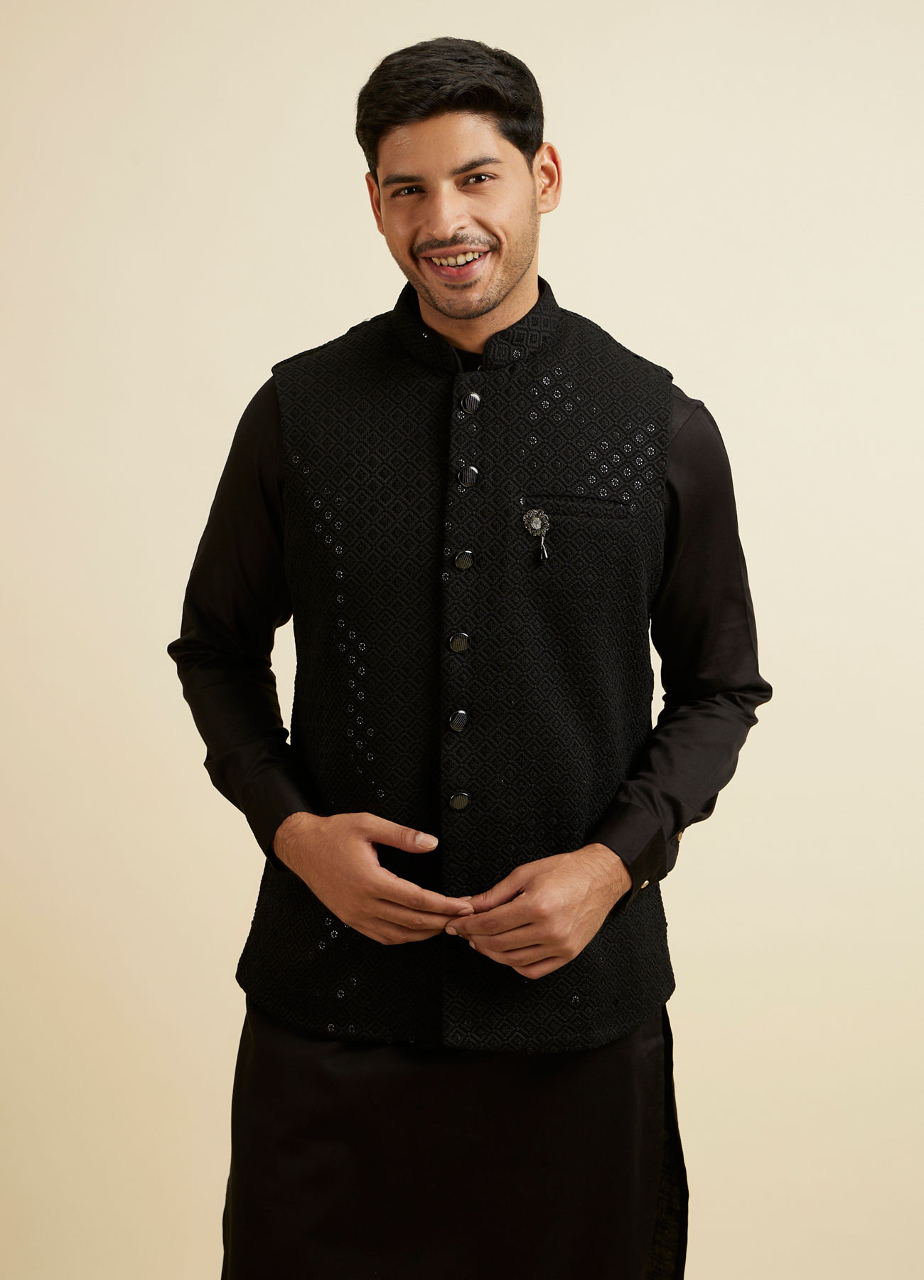 Manyavar Men Black Mirror Embellished Jacket Set