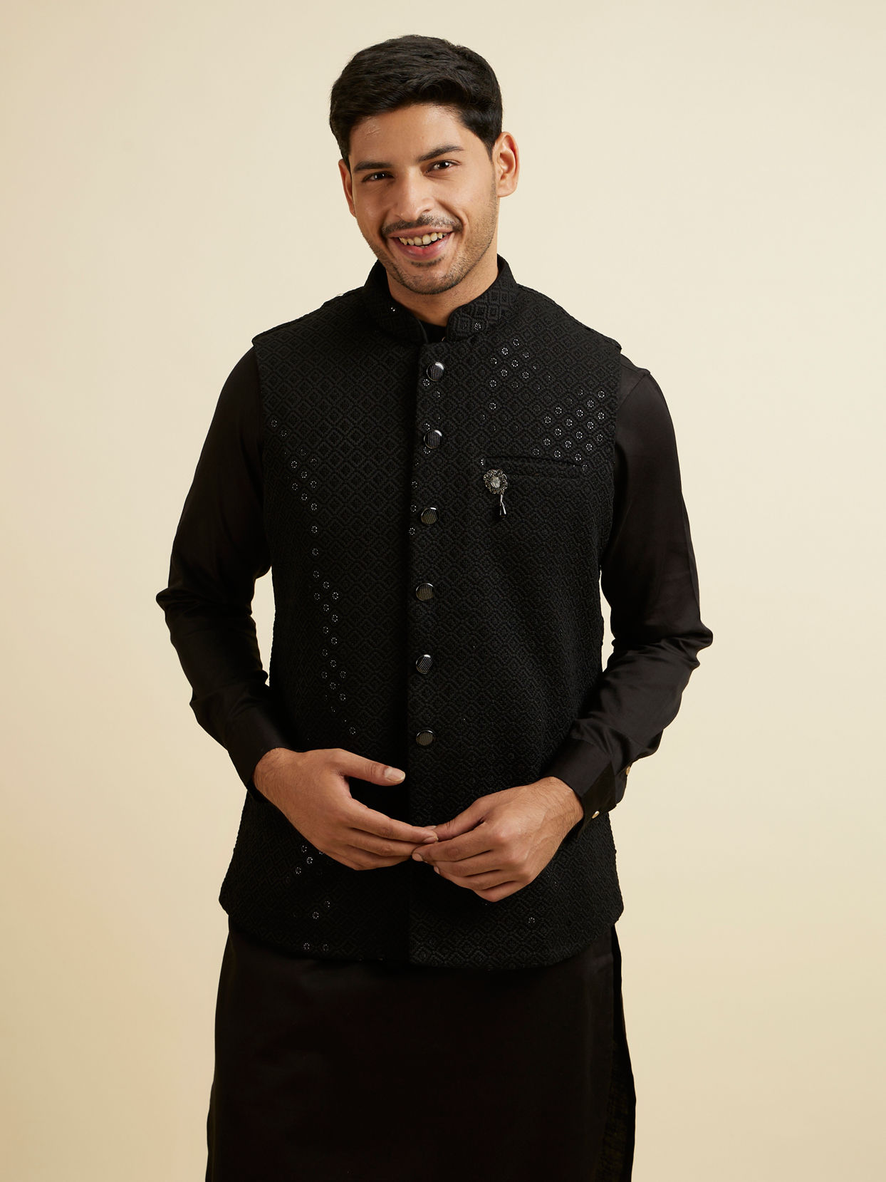 Manyavar Men Black Mirror Embellished Jacket Set