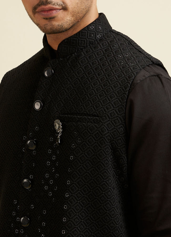 Manyavar Men Black Mirror Embellished Jacket Set