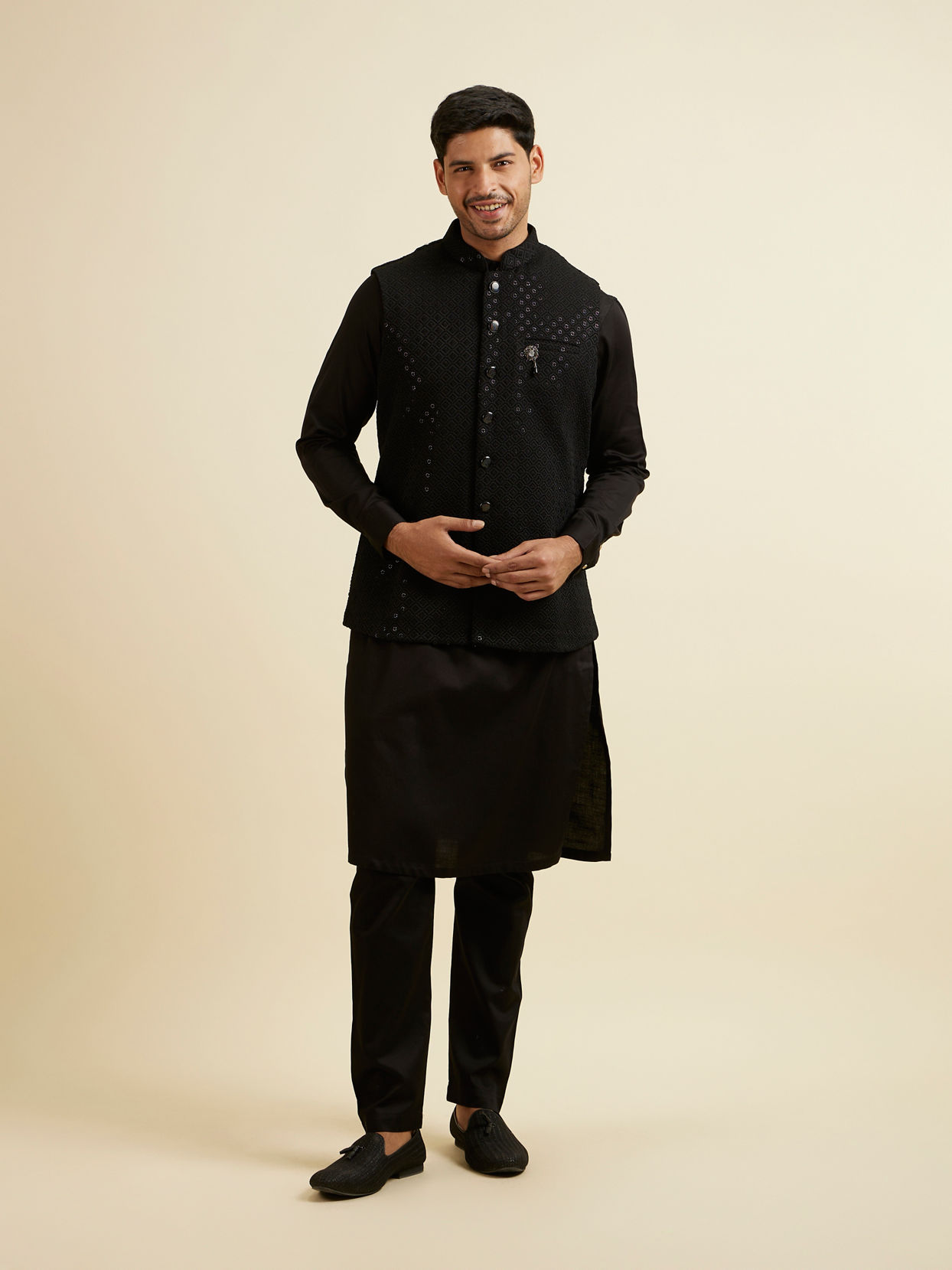 Manyavar Men Black Mirror Embellished Jacket Set
