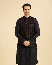 Manyavar Men Blue Velvet Majestic Trio Kurta Jacket Set