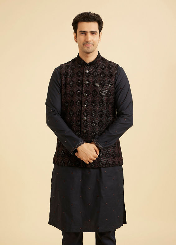 Manyavar Men Blue Velvet Majestic Trio Kurta Jacket Set
