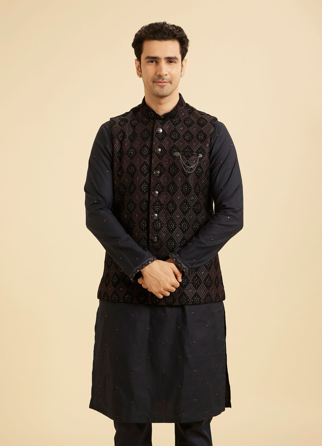 Manyavar Men Blue Velvet Majestic Trio Kurta Jacket Set