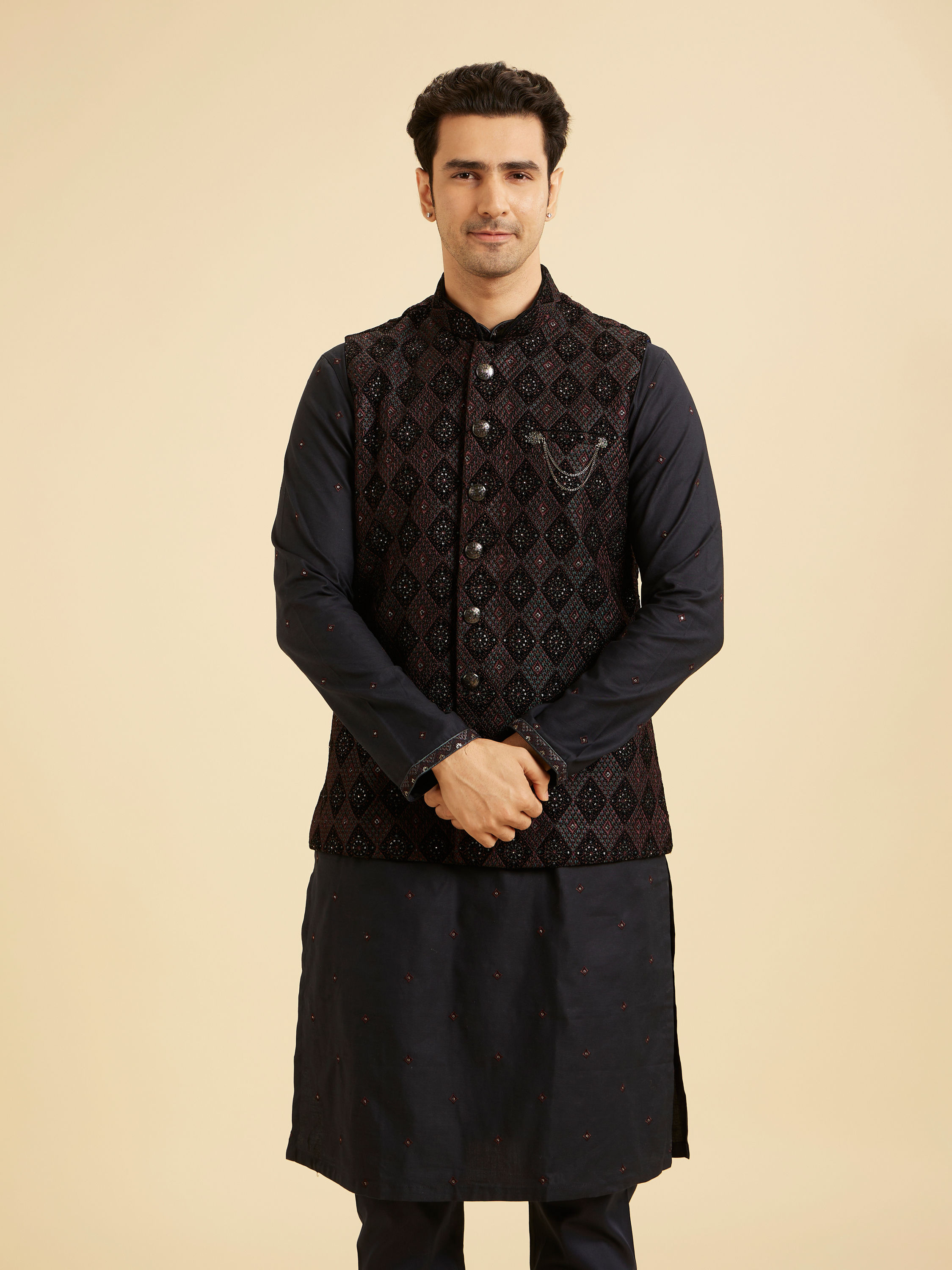 Manyavar Men Blue Velvet Majestic Trio Kurta Jacket Set