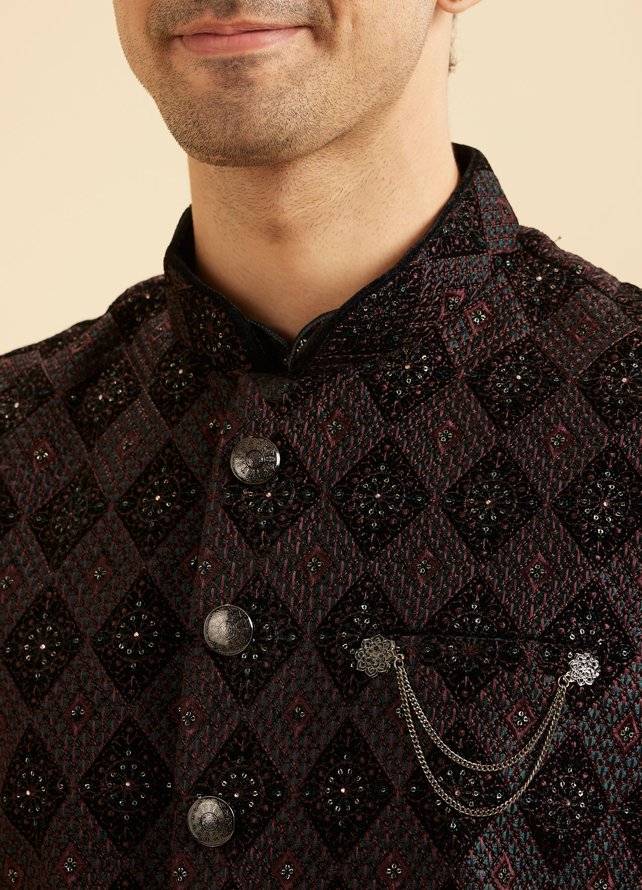 Manyavar Men Blue Velvet Majestic Trio Kurta Jacket Set
