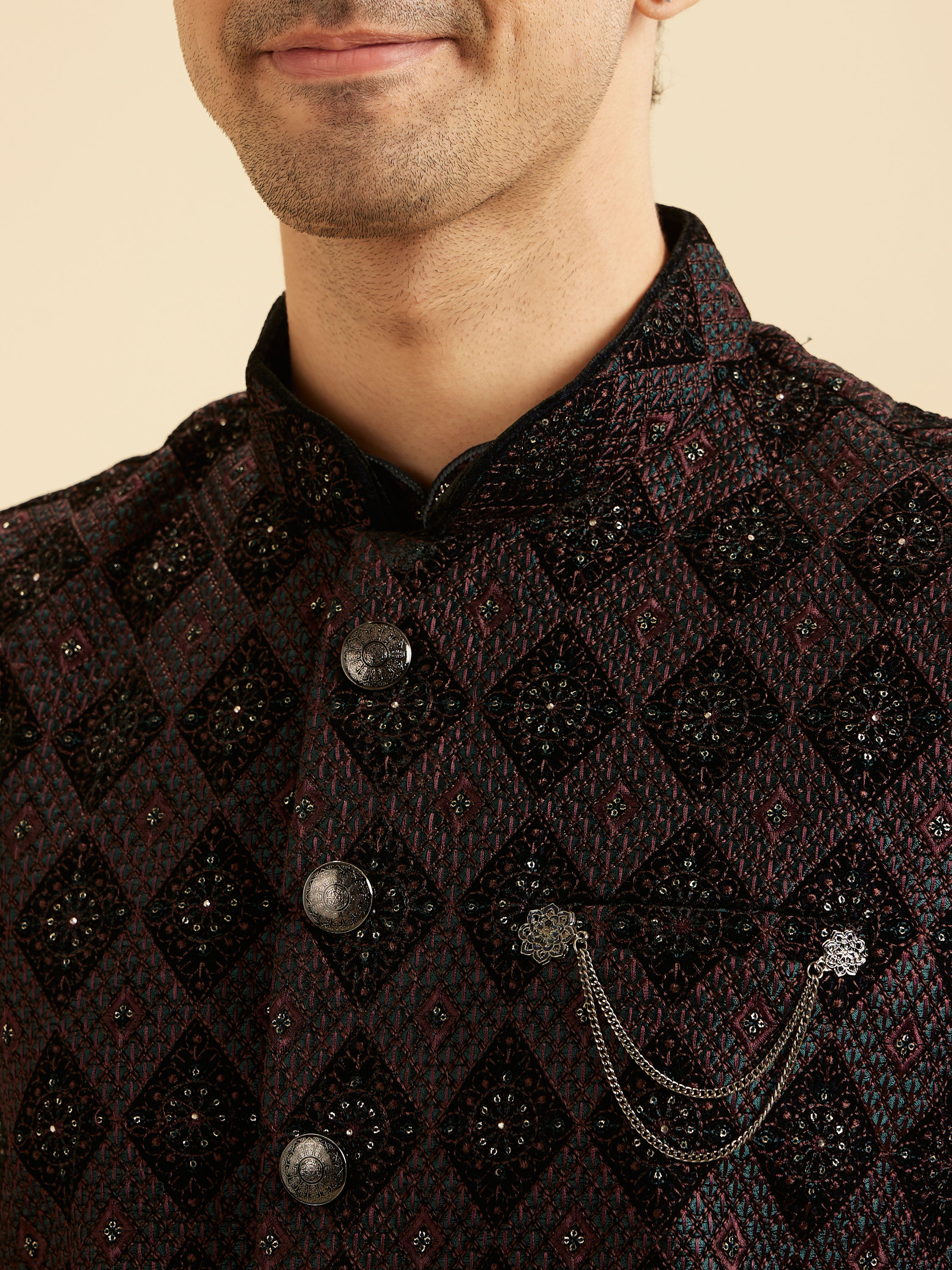 Manyavar Men Blue Velvet Majestic Trio Kurta Jacket Set