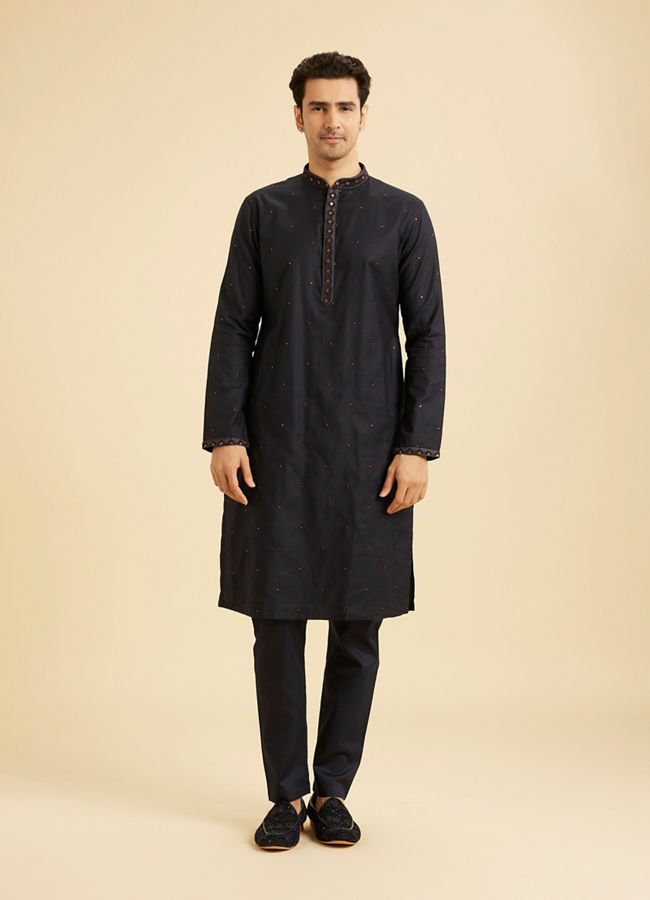 Manyavar Men Blue Velvet Majestic Trio Kurta Jacket Set
