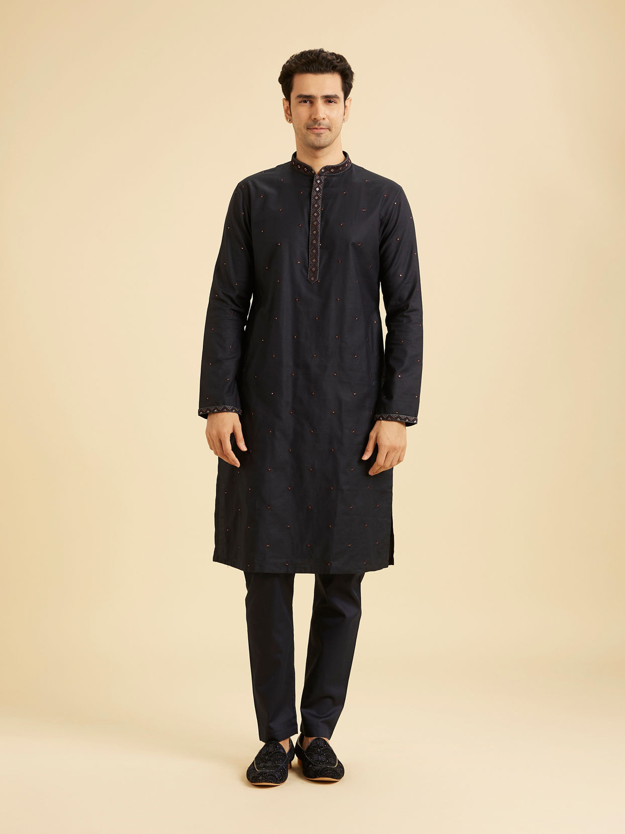 Manyavar Men Blue Velvet Majestic Trio Kurta Jacket Set