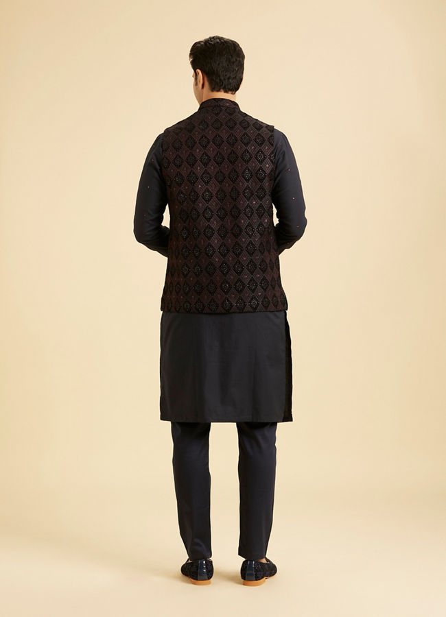 Manyavar Men Blue Velvet Majestic Trio Kurta Jacket Set