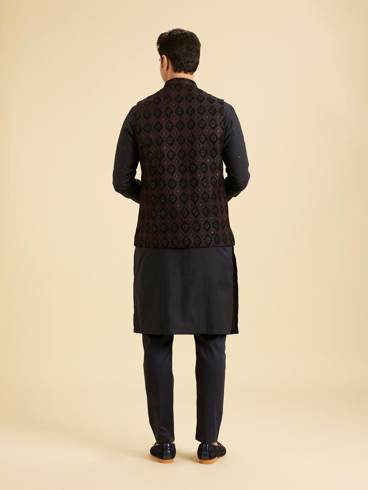 Manyavar Men Blue Velvet Majestic Trio Kurta Jacket Set