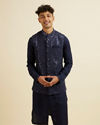 Manyavar Men Dark Blue Kurta Jacket Set with Embroidery and Sequin Work