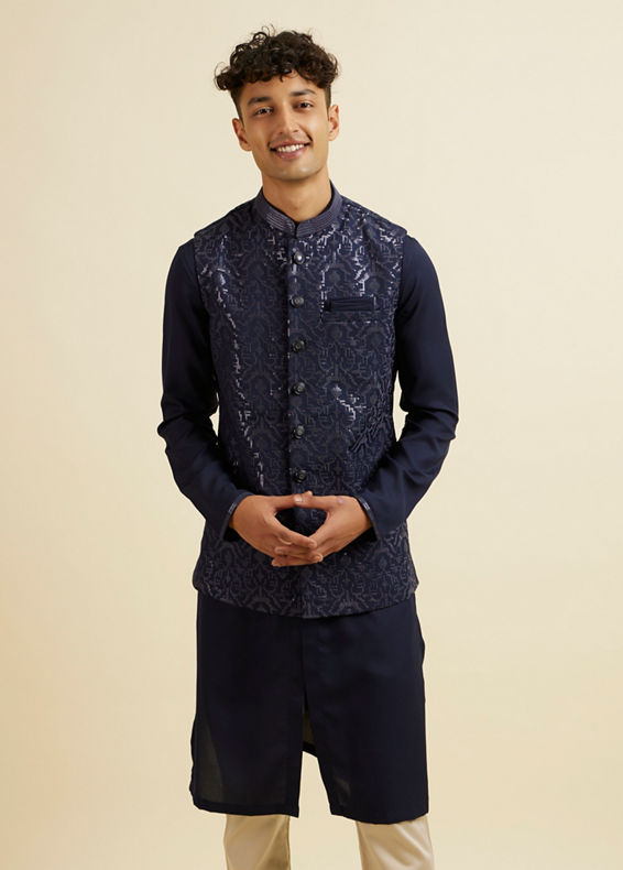 Manyavar Men Dark Blue Kurta Jacket Set with Embroidery and Sequin Work
