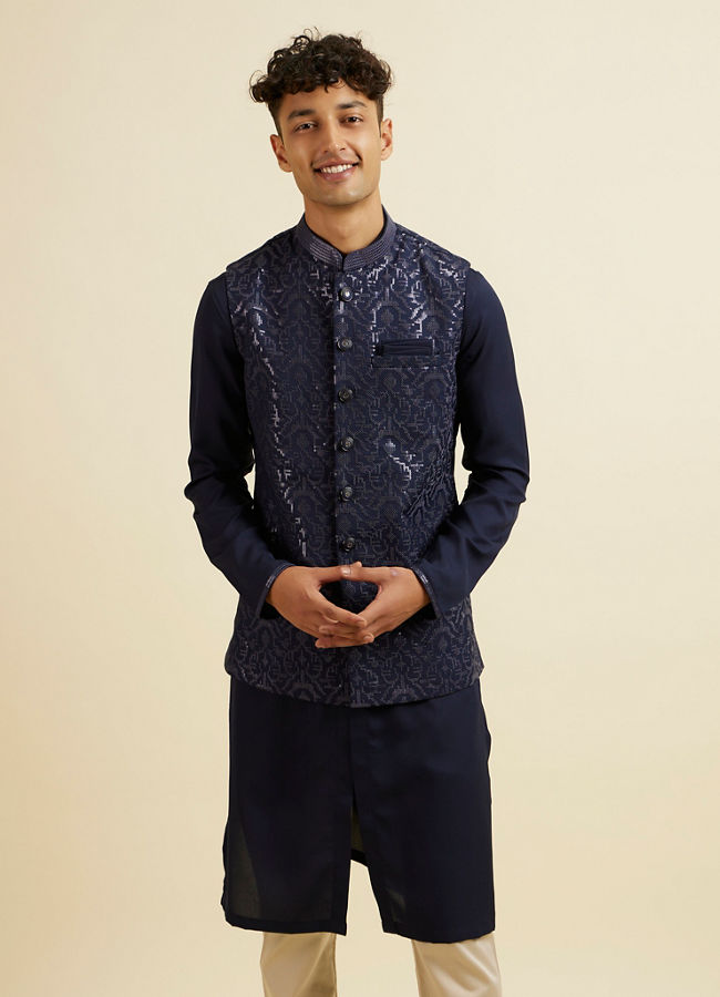 Manyavar Men Dark Blue Kurta Jacket Set with Embroidery and Sequin Work