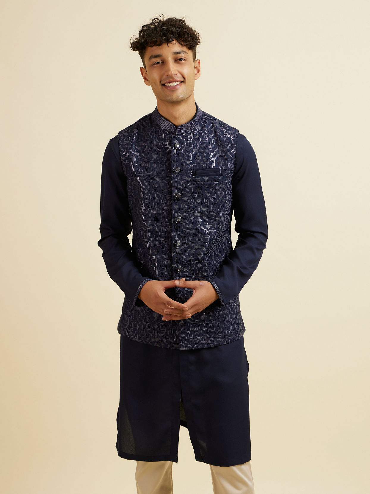 Manyavar Men Dark Blue Kurta Jacket Set with Embroidery and Sequin Work