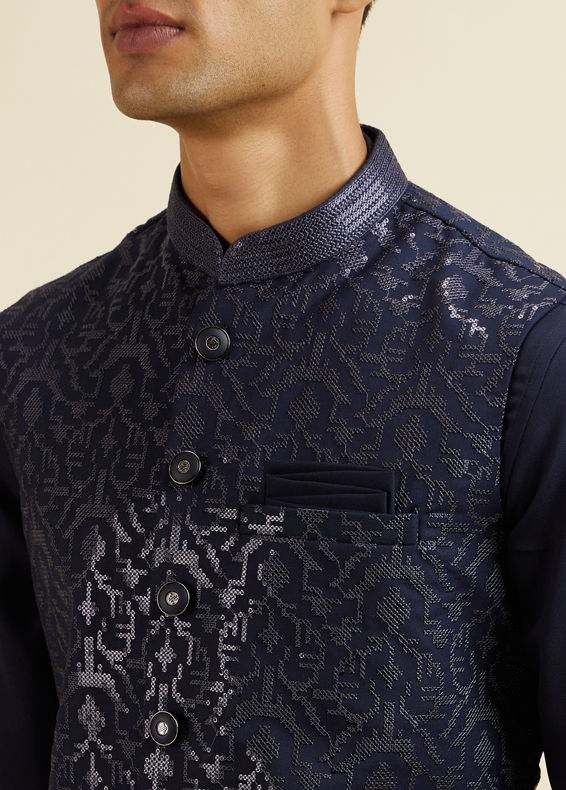 Manyavar Men Dark Blue Kurta Jacket Set with Embroidery and Sequin Work
