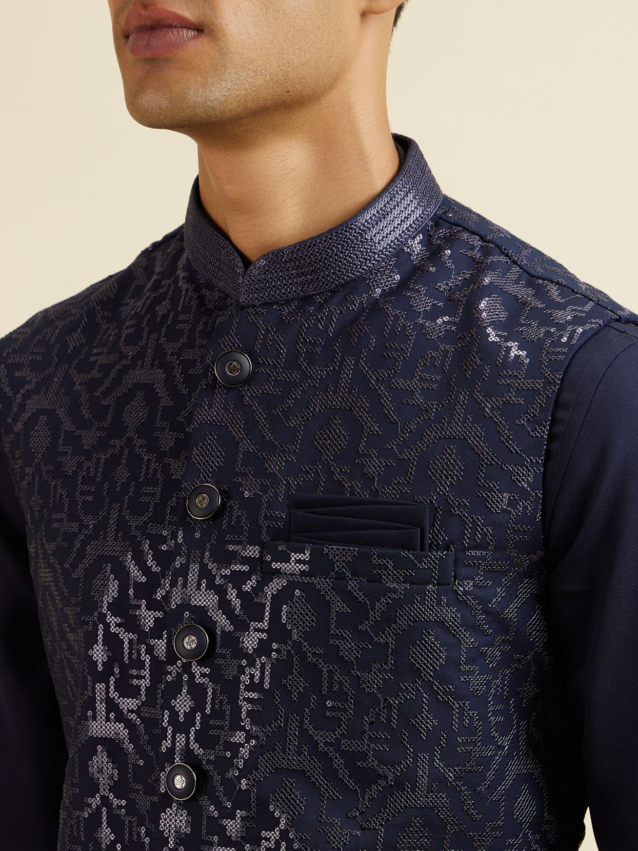 Manyavar Men Dark Blue Kurta Jacket Set with Embroidery and Sequin Work