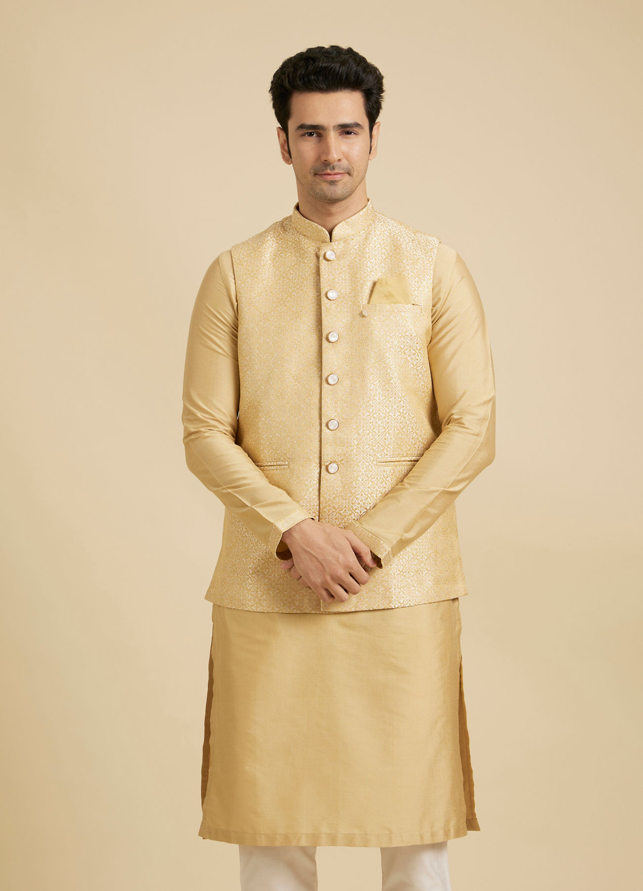 Manyavar Men Canary Yellow Jaal Patterned Jacket Set