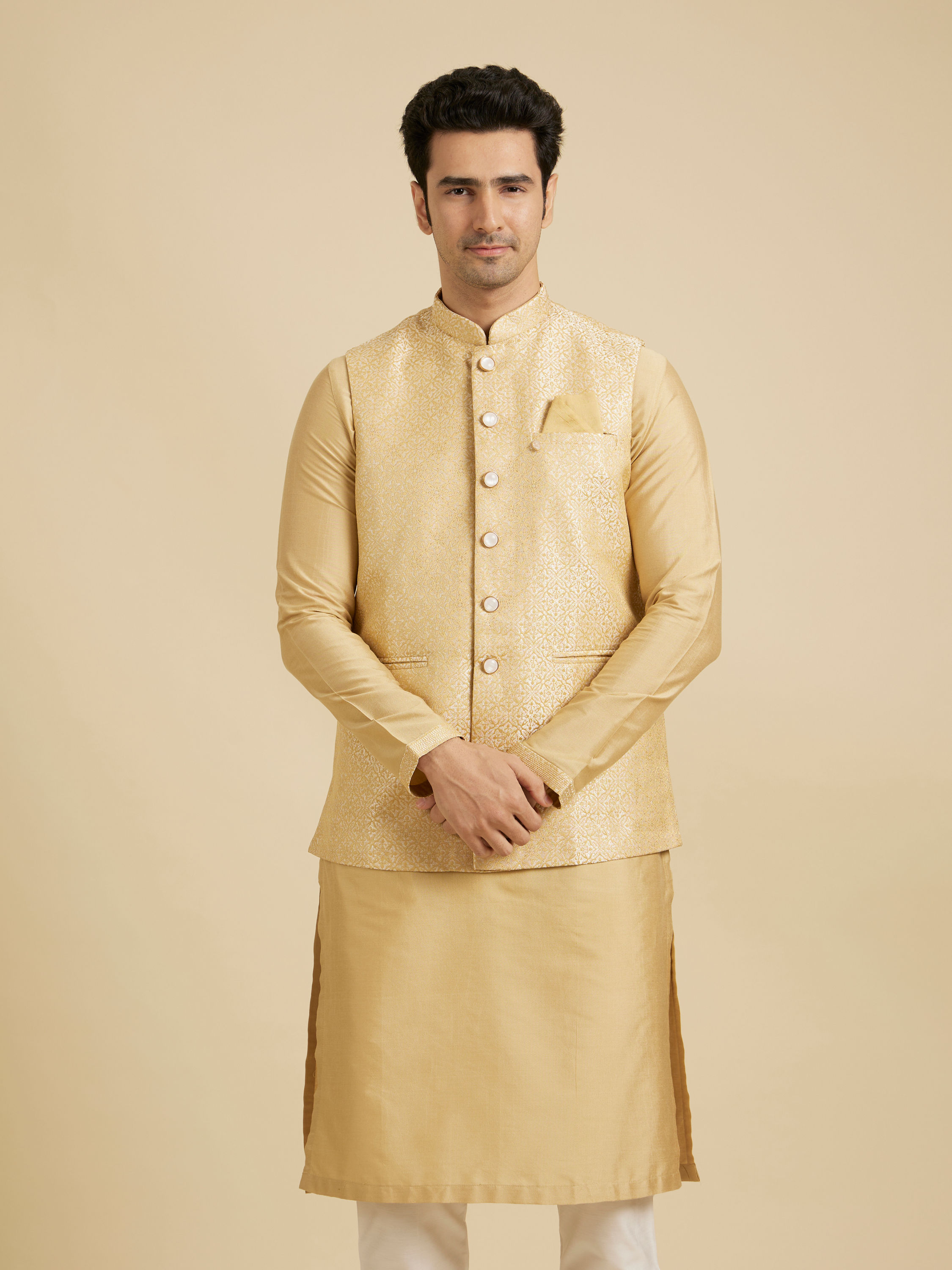 Manyavar Men Canary Yellow Jaal Patterned Jacket Set