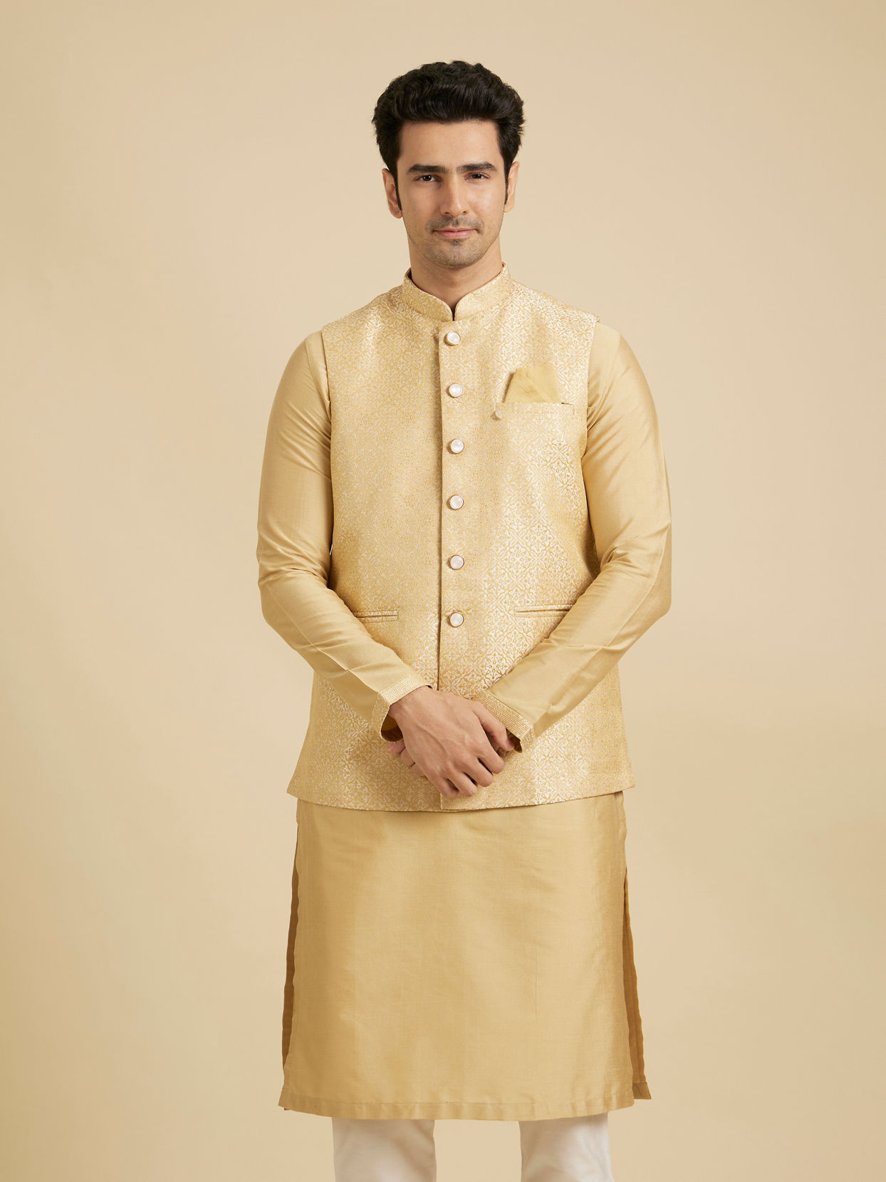 Manyavar Men Canary Yellow Jaal Patterned Jacket Set