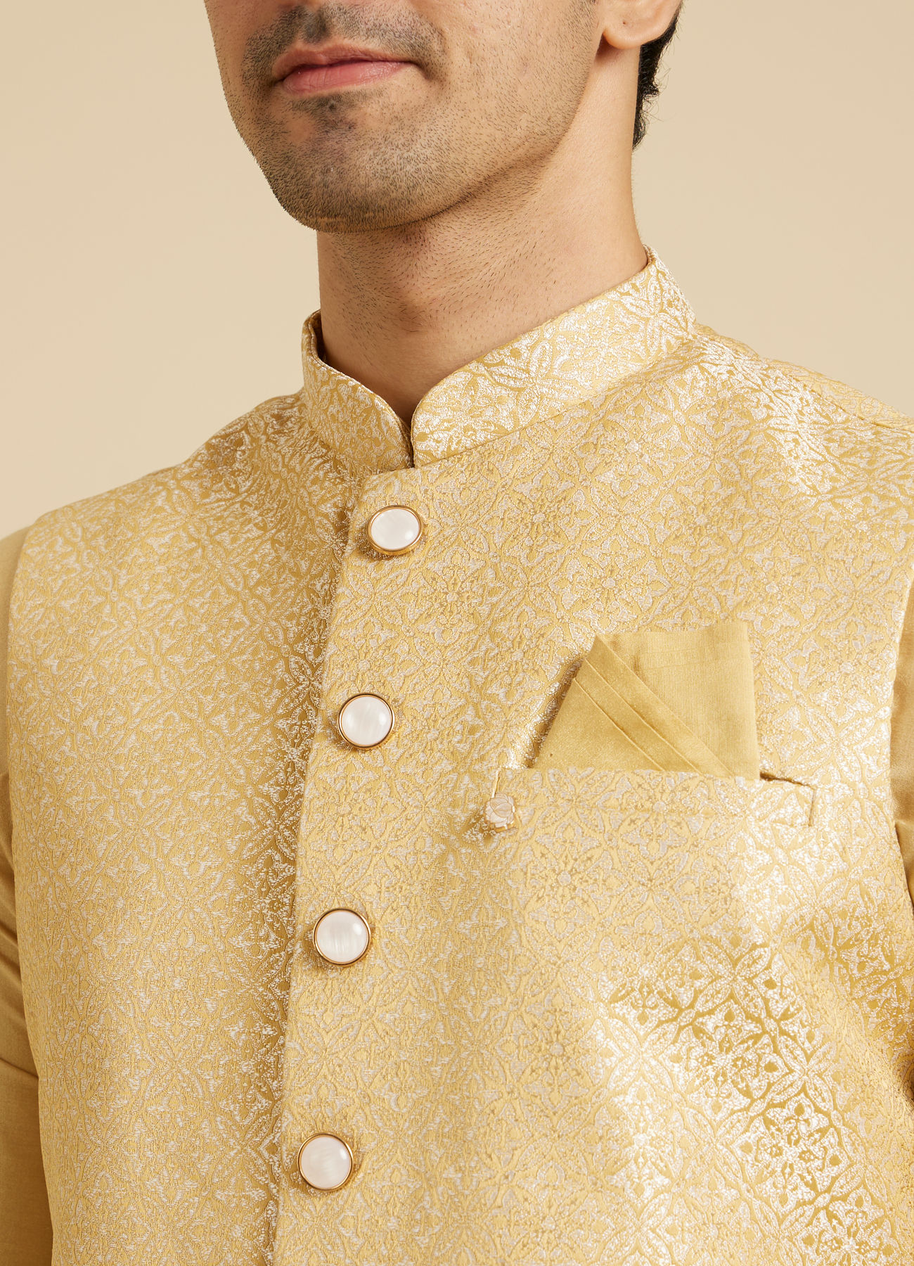 Manyavar Men Canary Yellow Jaal Patterned Jacket Set